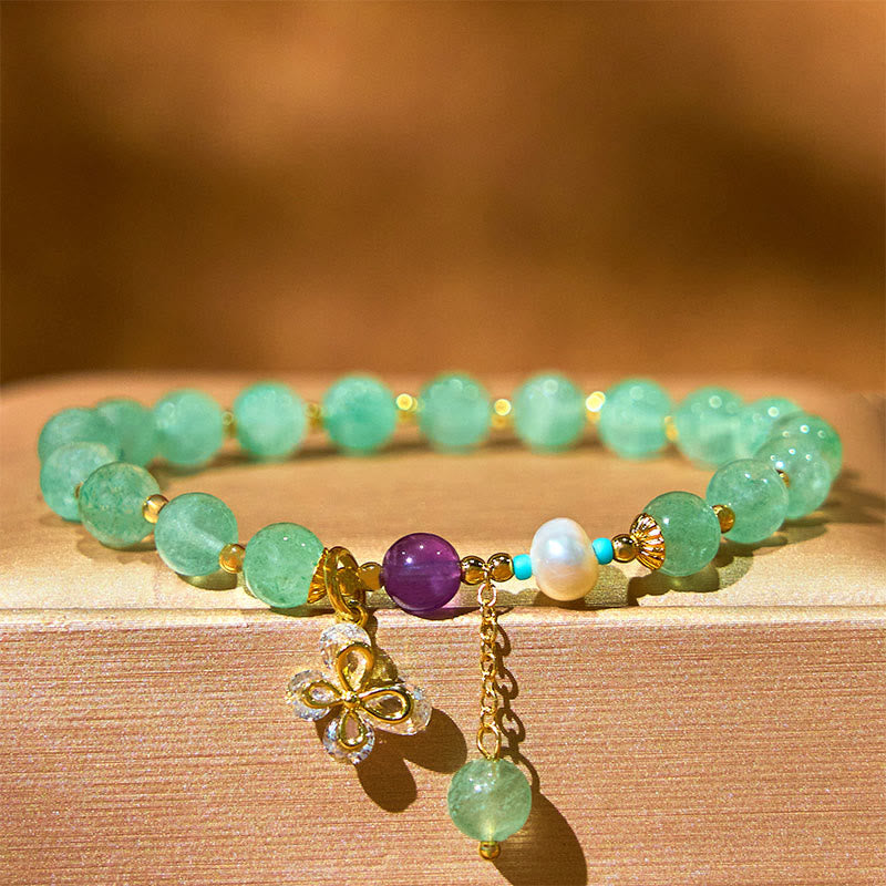 Fortune Jewel Natural Strawberry Quartz Green Strawberry Quartz Butterfly Charm Love Bracelet