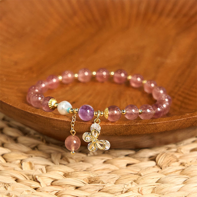 Fortune Jewel Natural Strawberry Quartz Green Strawberry Quartz Butterfly Charm Love Bracelet