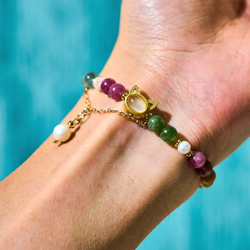 Fortune Jewel Colorful Tourmaline Lucky Cat Positive Bracelet
