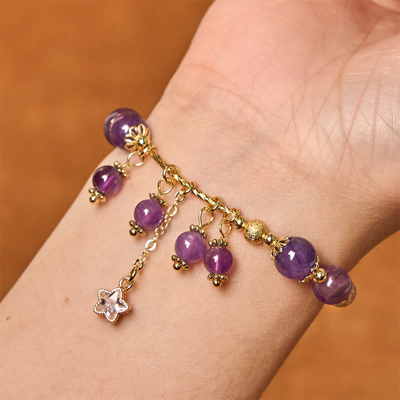 Fortune Jewel Natural Amethyst Four Leaf Clover Star Peace Bracelet