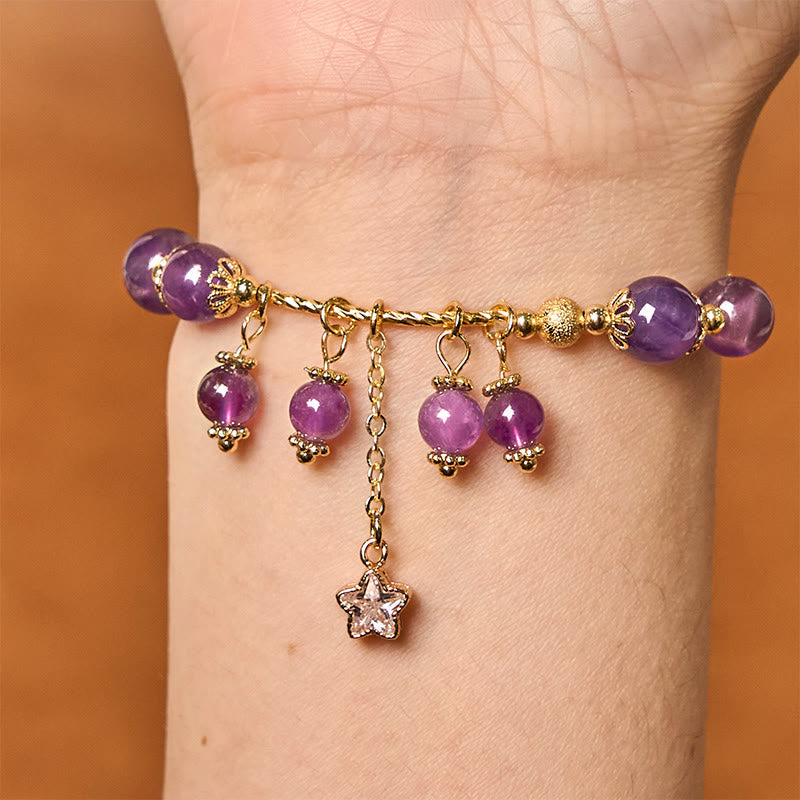 Fortune Jewel Natural Amethyst Four Leaf Clover Star Peace Bracelet