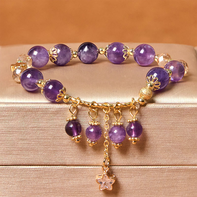 Fortune Jewel Natural Amethyst Four Leaf Clover Star Peace Bracelet