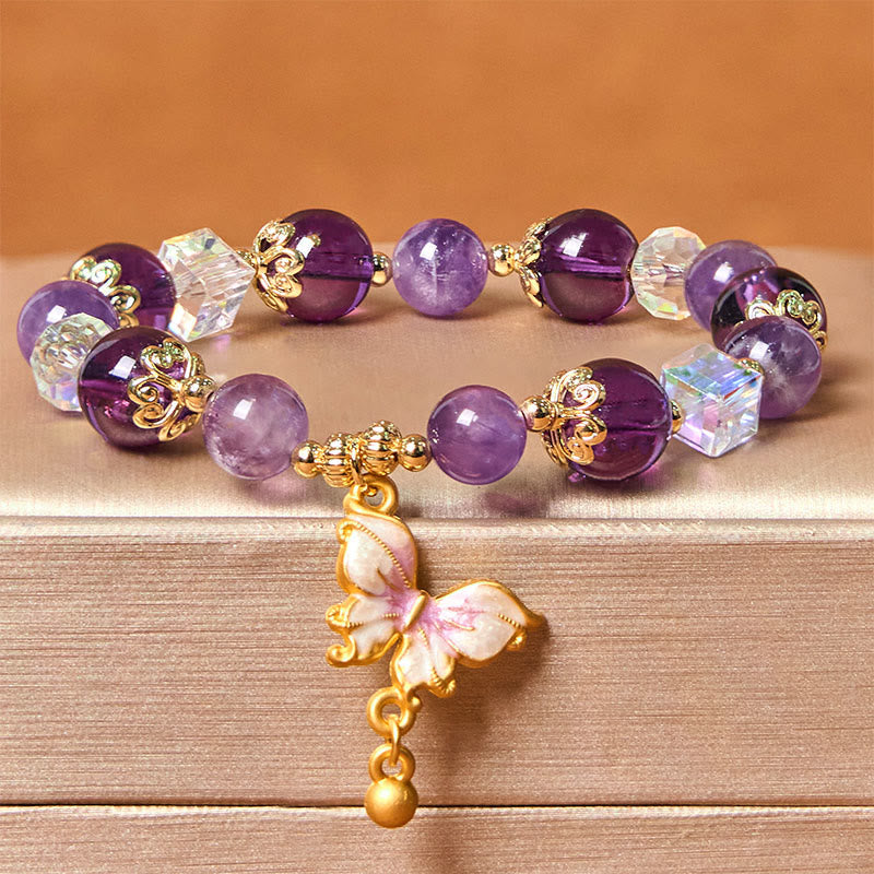 Fortune Jewel Natural Amethyst Sun Stone Butterfly Peace Bracelet