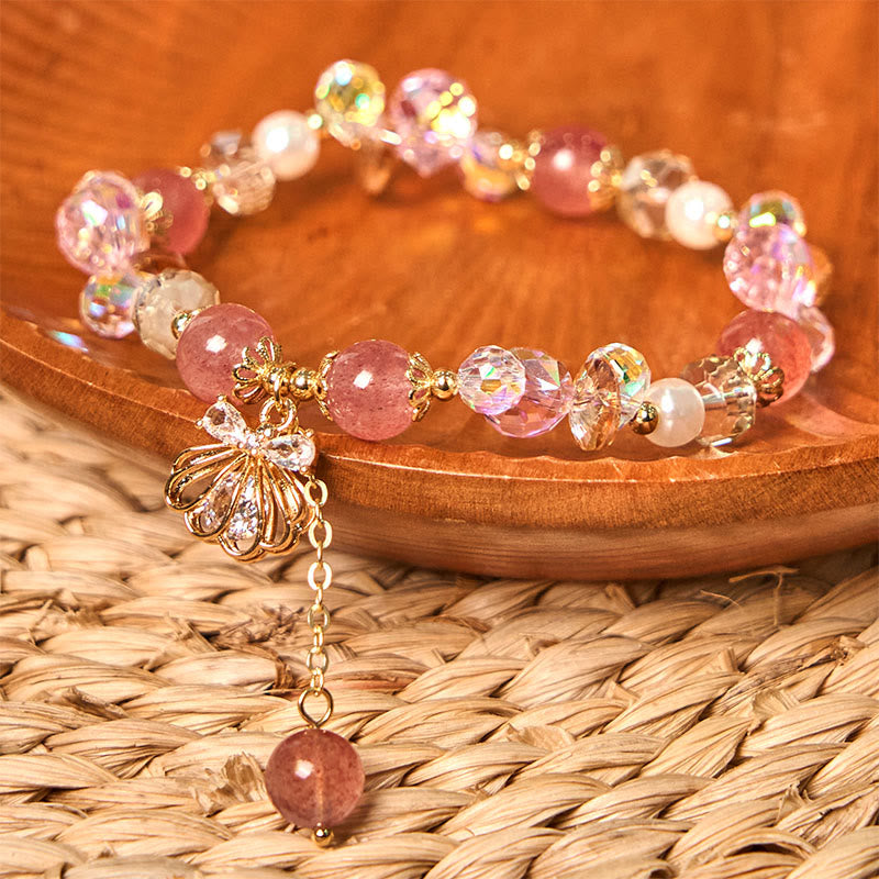 Fortune Jewel Natural Strawberry Quartz Pearl Shell Positive Bracelet