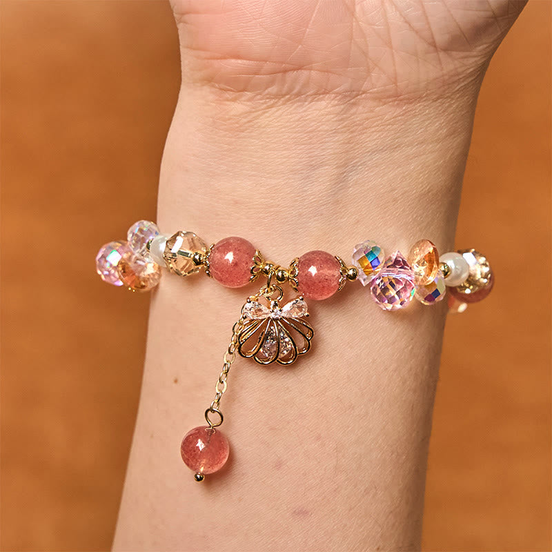 Fortune Jewel Natural Strawberry Quartz Pearl Shell Positive Bracelet