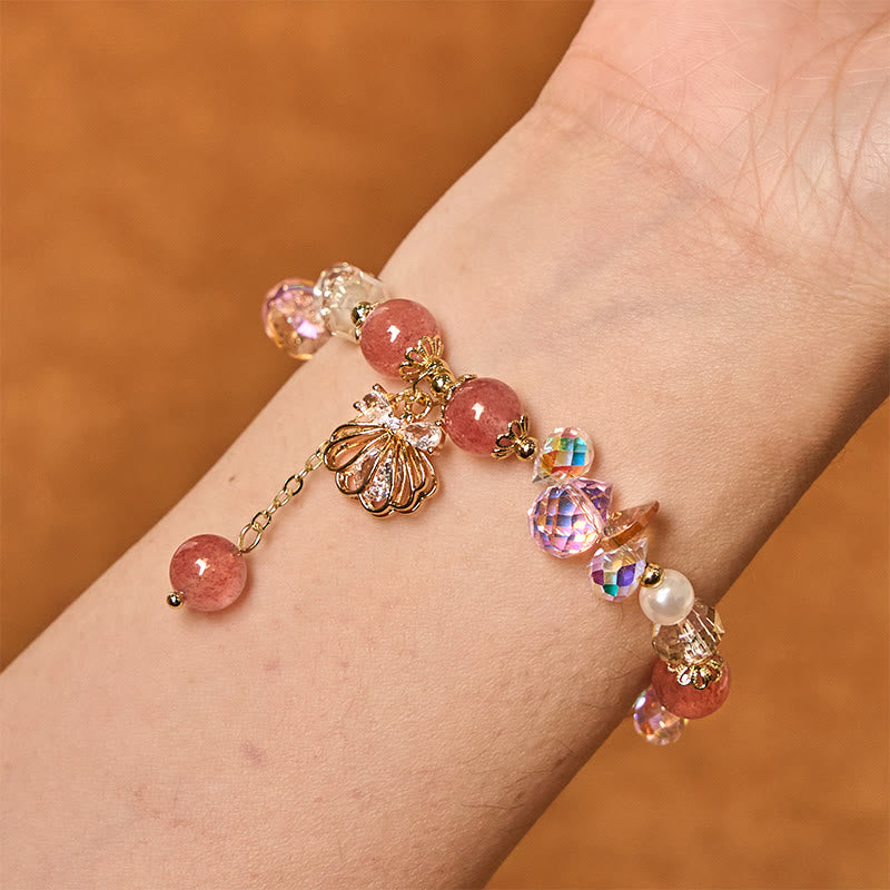 Fortune Jewel Natural Strawberry Quartz Pearl Shell Positive Bracelet