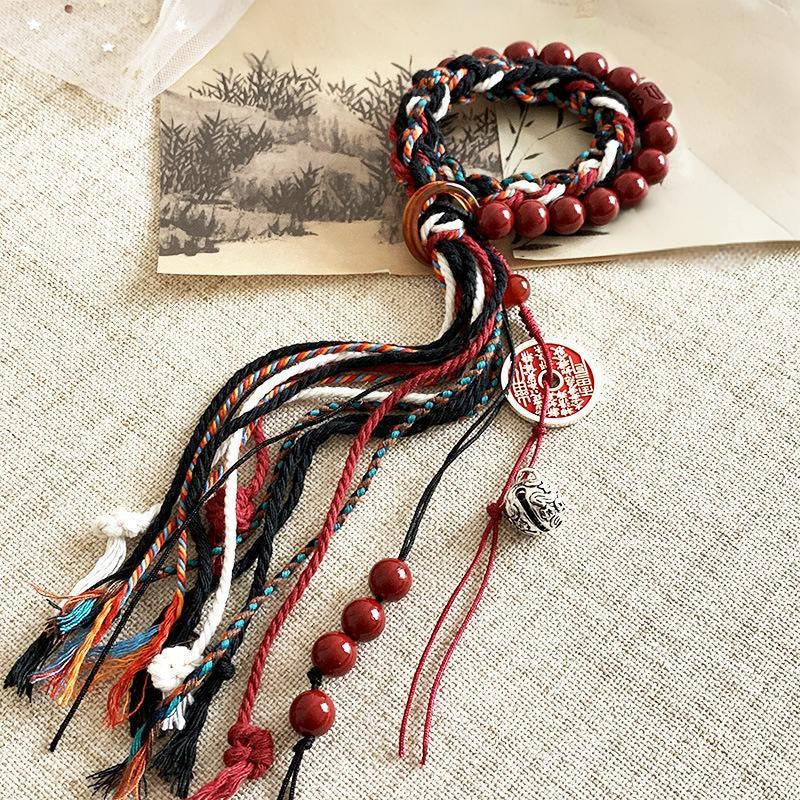 Fortune Jewel Tibetan Mountain Ghosts Spend Money Cinnabar Double-Layer Red Rope Tassel Protection Bracelet