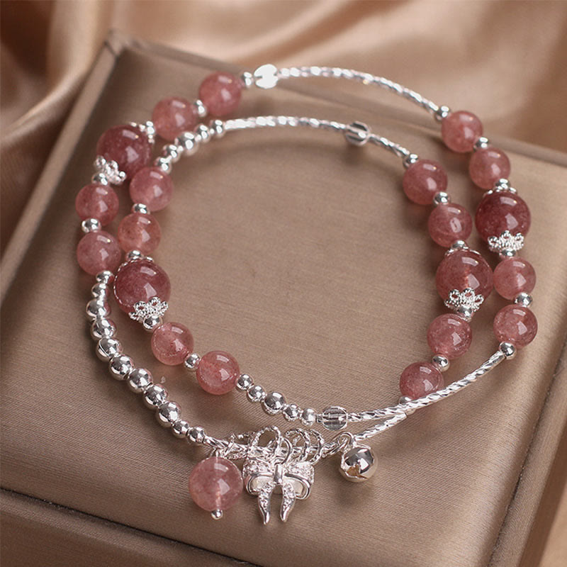 Fortune Jewel Natural Strawberry Quartz Bow-knot Rosette Charm Healing Double Wrap Bracelet