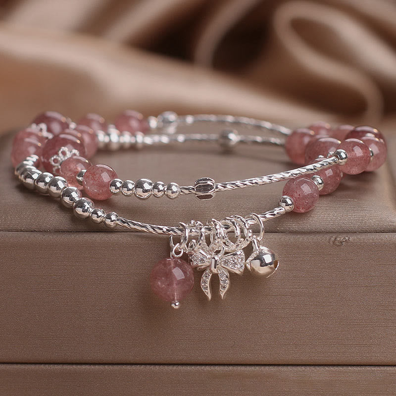 Fortune Jewel Natural Strawberry Quartz Bow-knot Rosette Charm Healing Double Wrap Bracelet