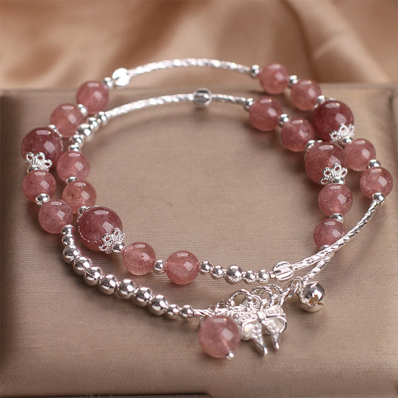 Fortune Jewel Natural Strawberry Quartz Bow-knot Rosette Charm Healing Double Wrap Bracelet