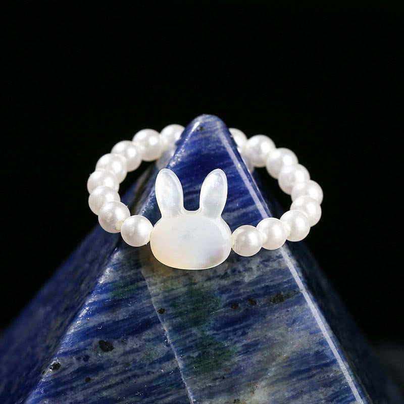 Fortune Jewel 3mm Tridacna Stone Bead Rabbit Blessing Elastic Ring