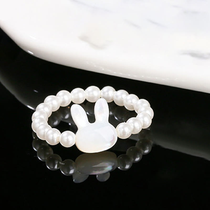 Fortune Jewel 3mm Tridacna Stone Bead Rabbit Blessing Elastic Ring