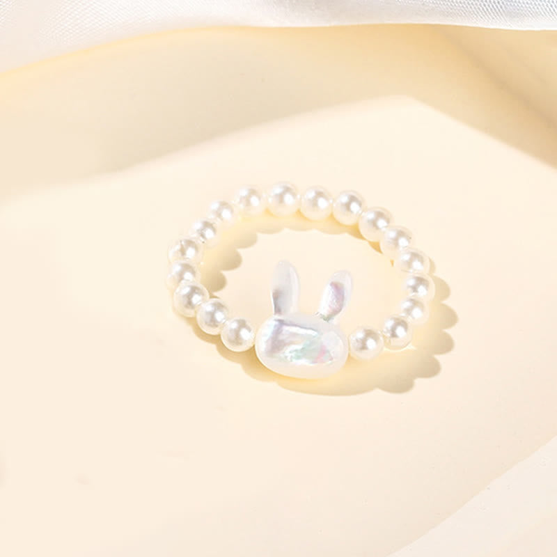 Fortune Jewel 3mm Tridacna Stone Bead Rabbit Blessing Elastic Ring