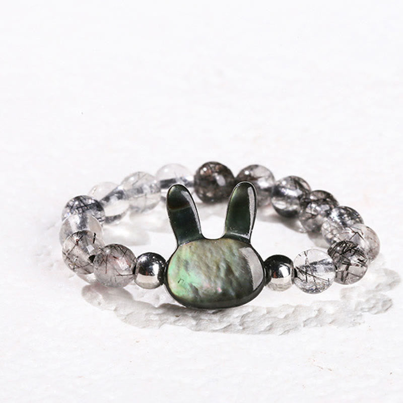 Fortune Jewel 3mm Black Rutilated Quartz Tridacna Stone Rabbit Cat Ring