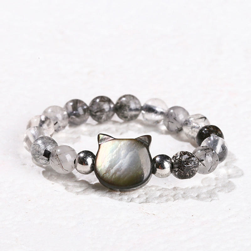 Fortune Jewel 3mm Black Rutilated Quartz Tridacna Stone Rabbit Cat Ring
