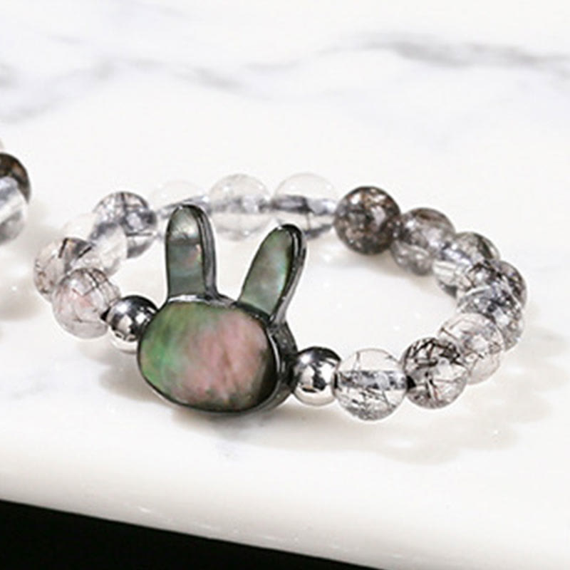 Fortune Jewel 3mm Black Rutilated Quartz Tridacna Stone Rabbit Cat Ring