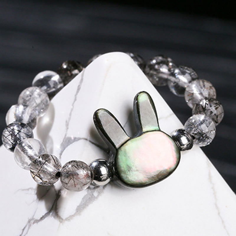 Fortune Jewel 3mm Black Rutilated Quartz Tridacna Stone Rabbit Cat Ring