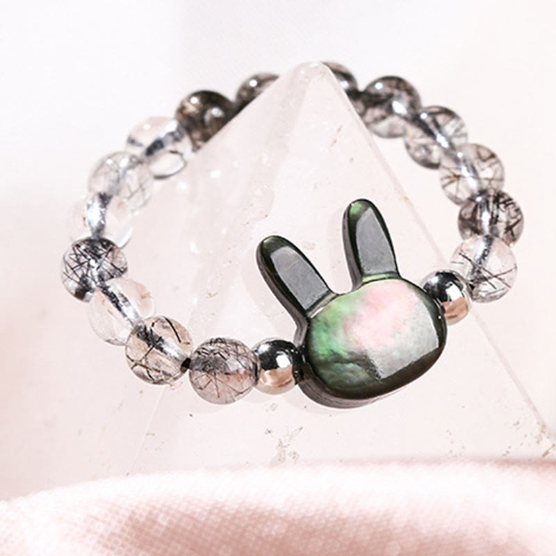 Fortune Jewel 3mm Black Rutilated Quartz Tridacna Stone Rabbit Cat Ring