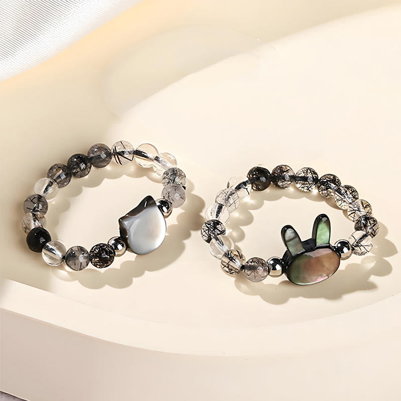 Fortune Jewel 3mm Black Rutilated Quartz Tridacna Stone Rabbit Cat Ring