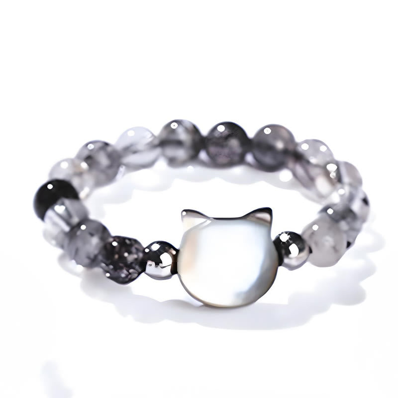 Fortune Jewel 3mm Black Rutilated Quartz Tridacna Stone Rabbit Cat Ring