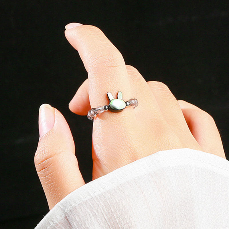 Fortune Jewel 3mm Black Rutilated Quartz Tridacna Stone Rabbit Cat Ring