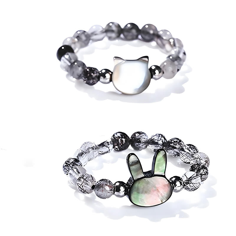 Fortune Jewel 3mm Black Rutilated Quartz Tridacna Stone Rabbit Cat Ring