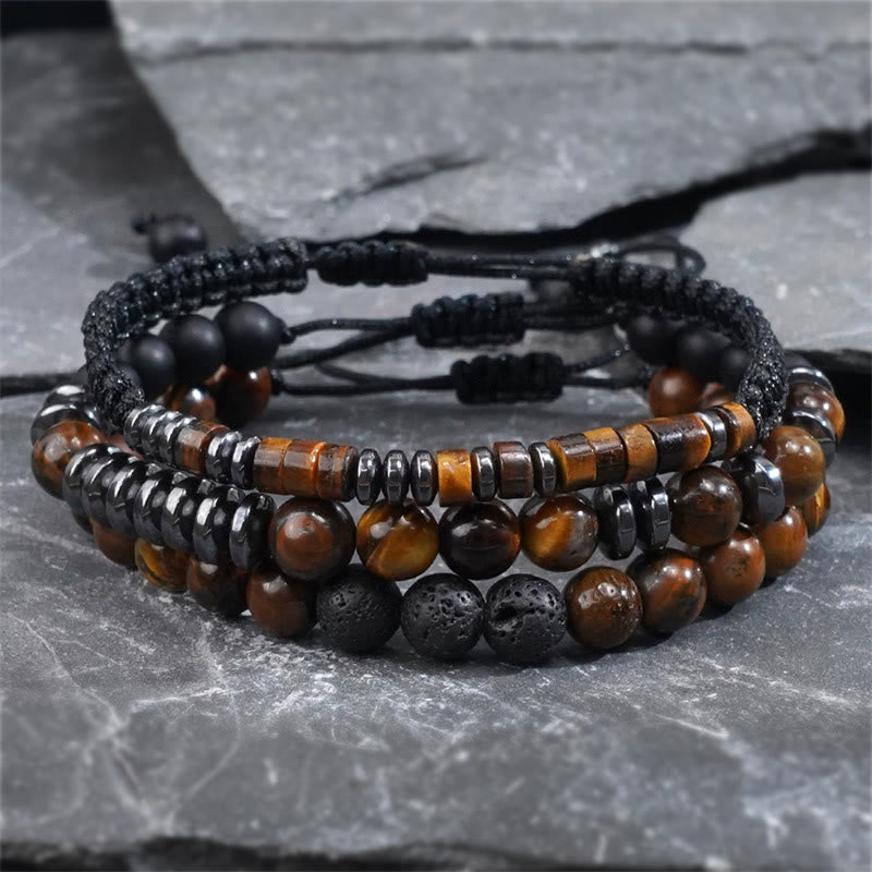 Fortune Jewel 3Pcs Tiger Eye Lava Rock Protection Bracelet Set