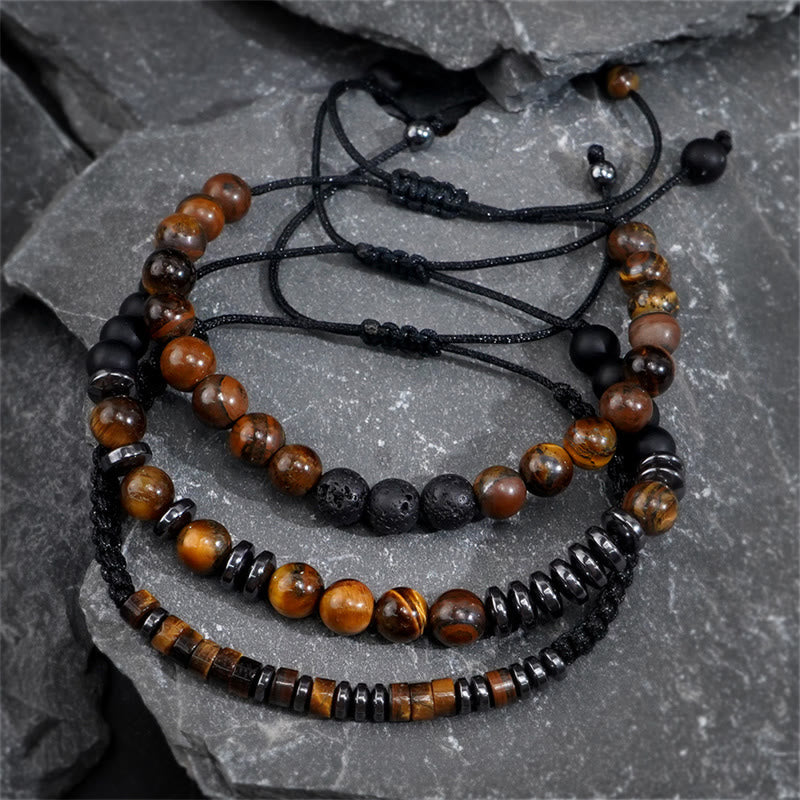 Fortune Jewel 3Pcs Tiger Eye Lava Rock Protection Bracelet Set