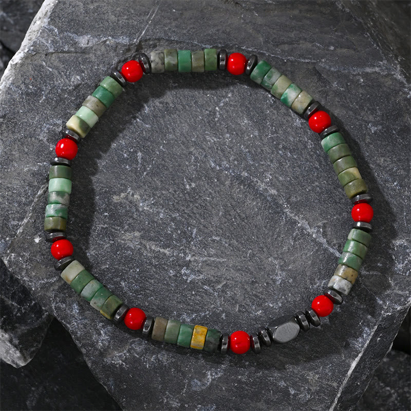 Fortune Jewel Natural Green Stone Hematite Red Coral Powerful Bracelet