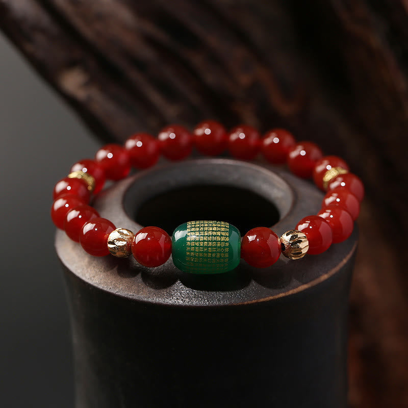 Fortune Jewel Natural Red Agate Green Agate Buddhist Sutras Calm Bracelet