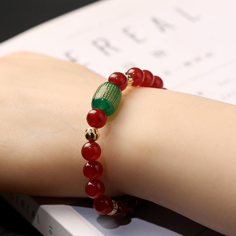 Fortune Jewel Natural Red Agate Green Agate Buddhist Sutras Calm Bracelet