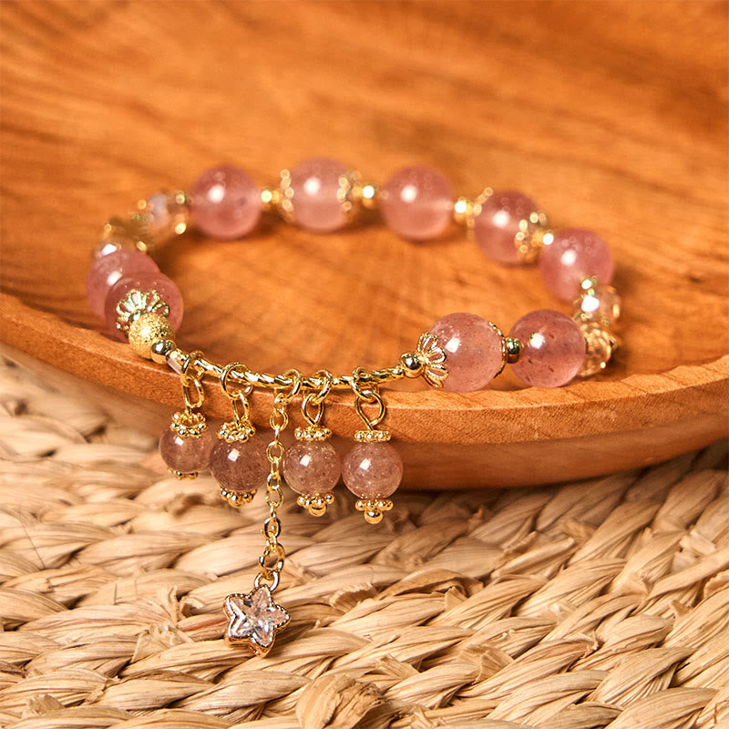 Fortune Jewel Natural Strawberry Quartz Four Leaf Clover Star Positive Bracelet