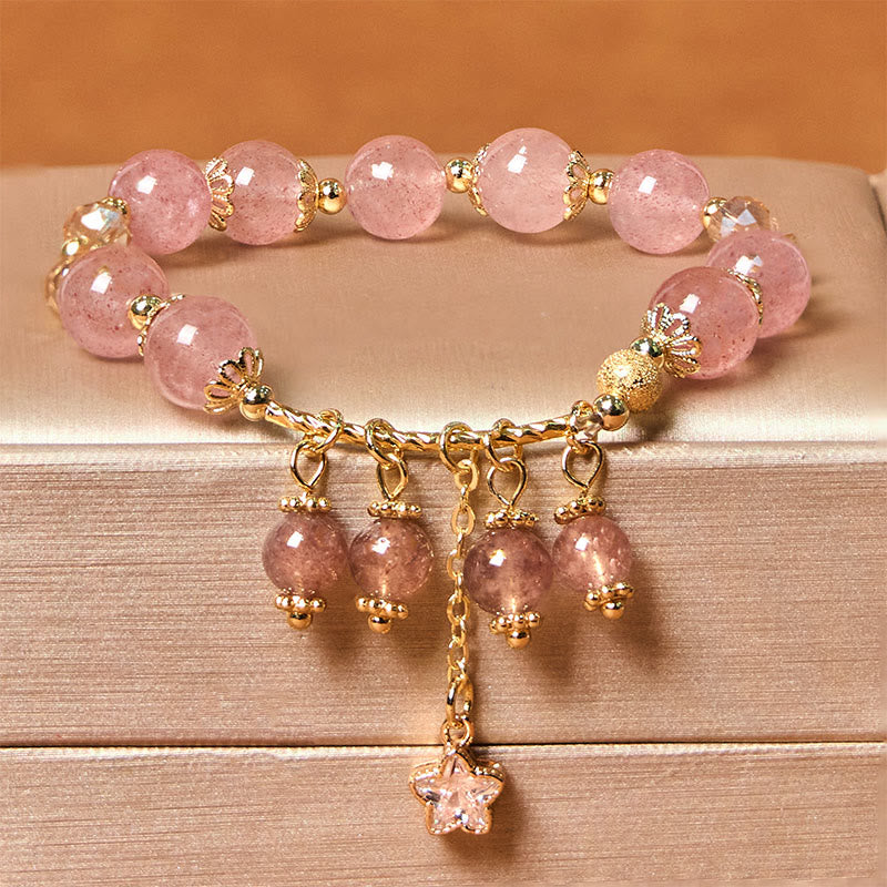 Fortune Jewel Natural Strawberry Quartz Four Leaf Clover Star Positive Bracelet