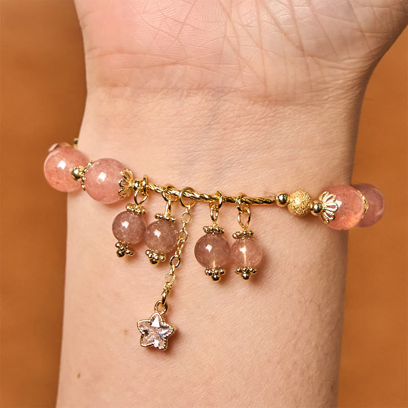 Fortune Jewel Natural Strawberry Quartz Four Leaf Clover Star Positive Bracelet