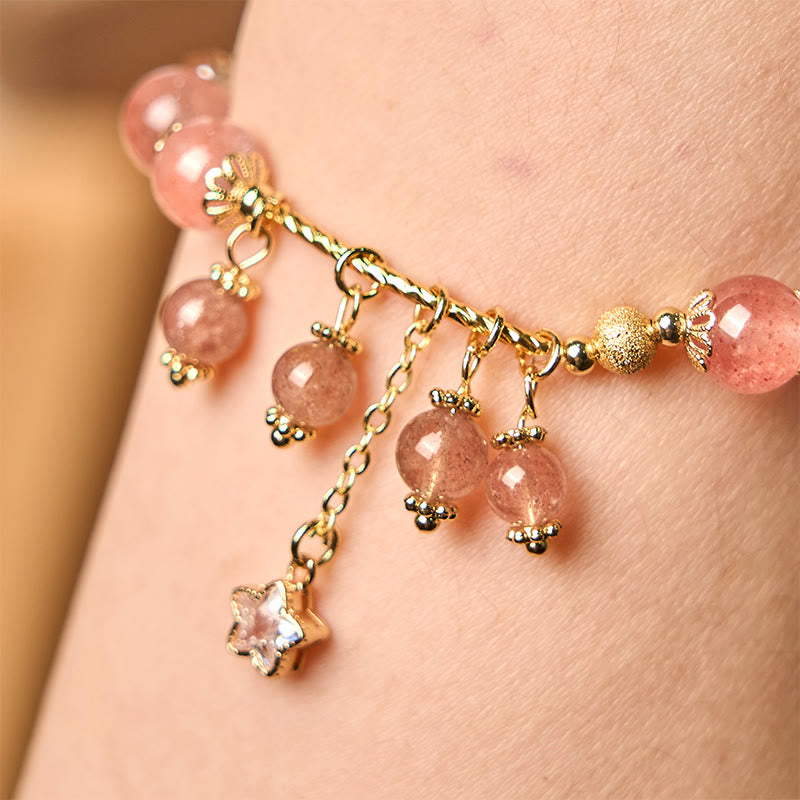 Fortune Jewel Natural Strawberry Quartz Four Leaf Clover Star Positive Bracelet