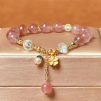 Fortune Jewel Natural Strawberry Quartz Four Leaf Clover Healing Bracelet