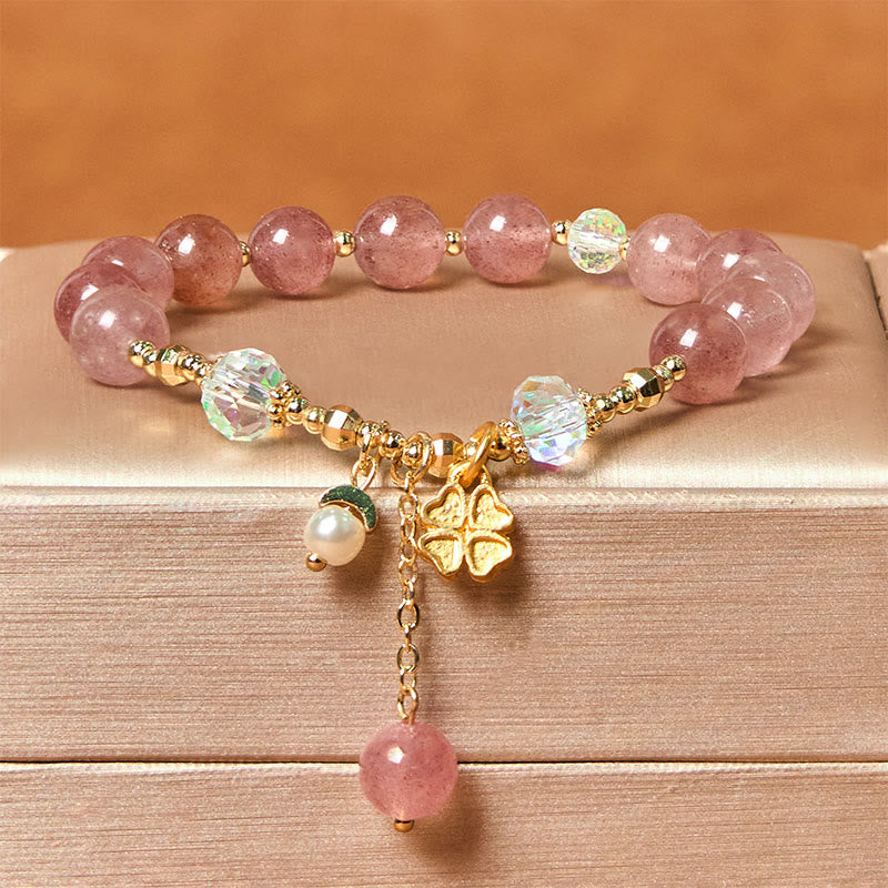 Fortune Jewel Natural Strawberry Quartz Four Leaf Clover Healing Bracelet