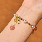 Fortune Jewel Natural Strawberry Quartz Four Leaf Clover Healing Bracelet
