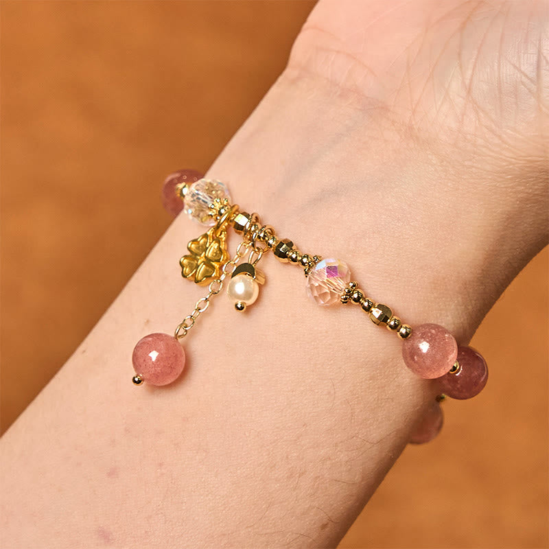 Fortune Jewel Natural Strawberry Quartz Four Leaf Clover Healing Bracelet