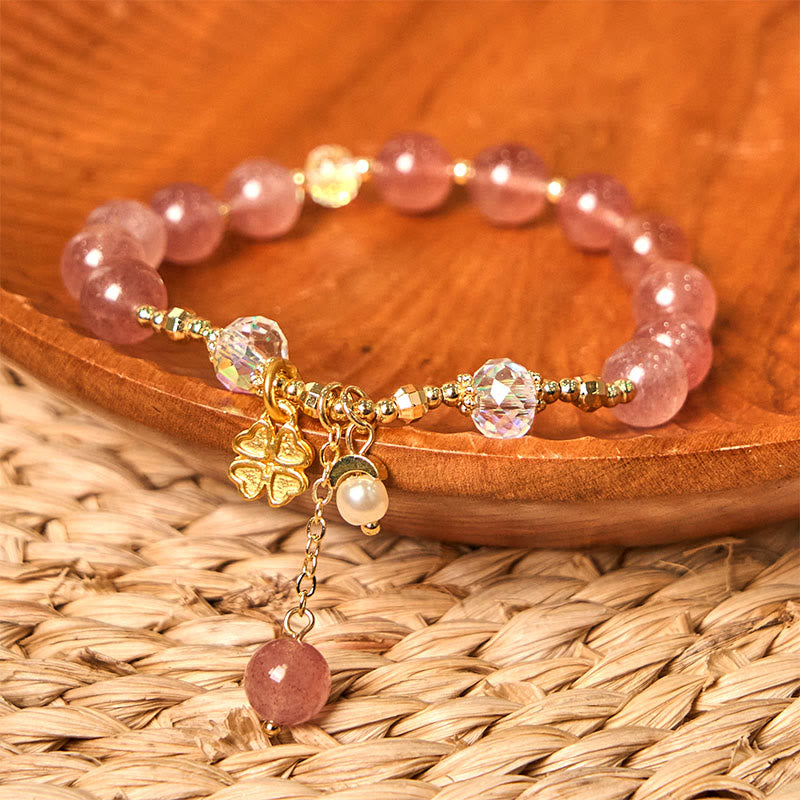 Fortune Jewel Natural Strawberry Quartz Four Leaf Clover Healing Bracelet