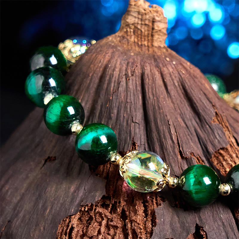 Fortune Jewel Natural Green Tiger Eye Beads Green Leaf Positive Bracelet