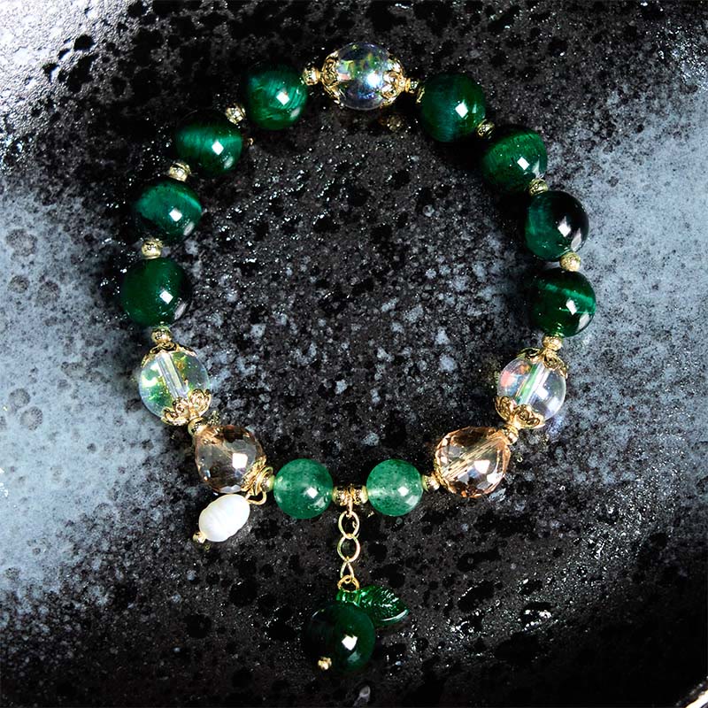 Fortune Jewel Natural Green Tiger Eye Beads Green Leaf Positive Bracelet