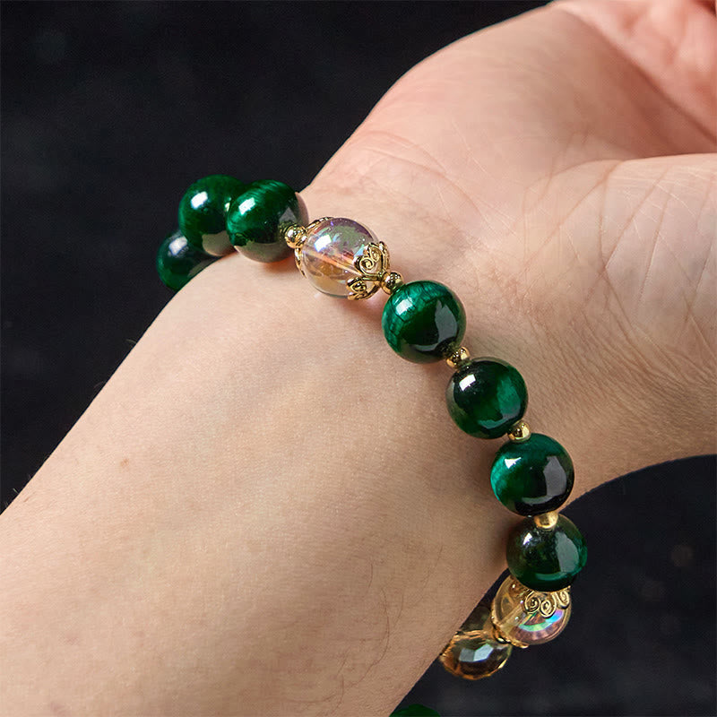 Fortune Jewel Natural Green Tiger Eye Beads Green Leaf Positive Bracelet