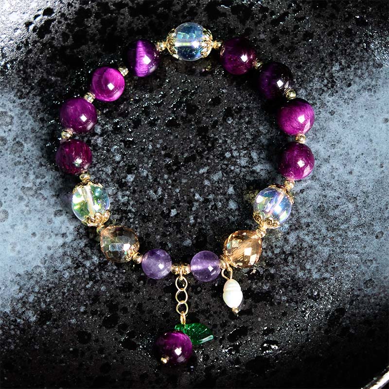 Fortune Jewel Natural Red Tiger Eye Purple Tiger Eye Beads Green Leaf Protection Bracelet
