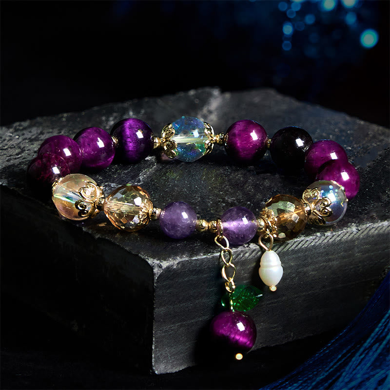 Fortune Jewel Natural Red Tiger Eye Purple Tiger Eye Beads Green Leaf Protection Bracelet