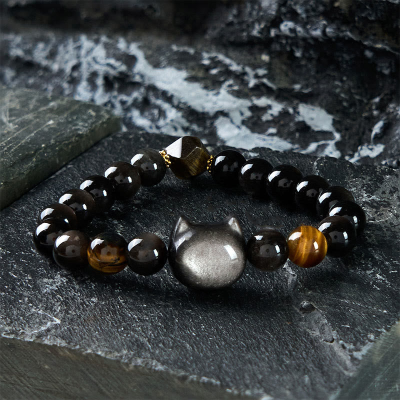 Fortune Jewel Natural Silver Sheen Obsidian Beads Cute Cat Soothing Bracelet