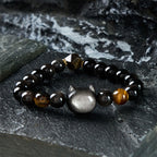 Fortune Jewel Natural Silver Sheen Obsidian Beads Cute Cat Soothing Bracelet