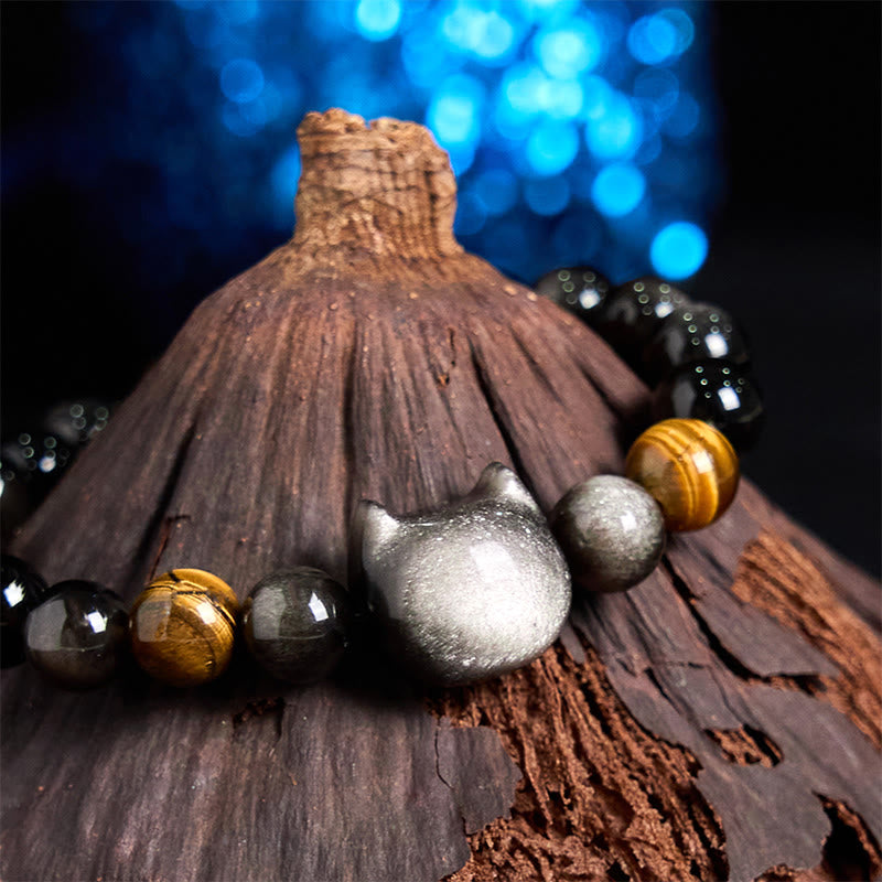 Fortune Jewel Natural Silver Sheen Obsidian Beads Cute Cat Soothing Bracelet