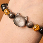 Fortune Jewel Natural Silver Sheen Obsidian Beads Cute Cat Soothing Bracelet
