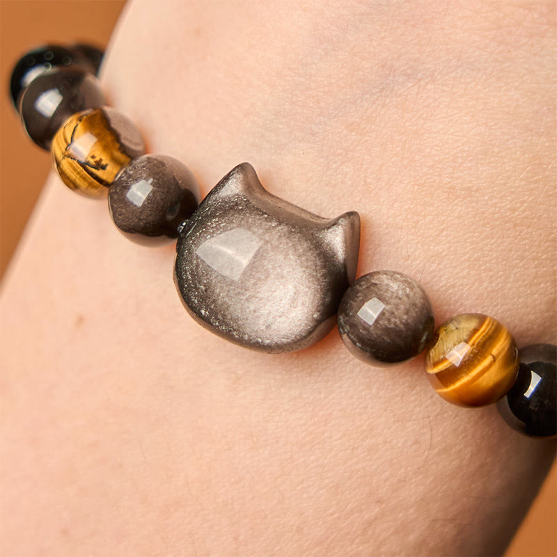 Fortune Jewel Natural Silver Sheen Obsidian Beads Cute Cat Soothing Bracelet